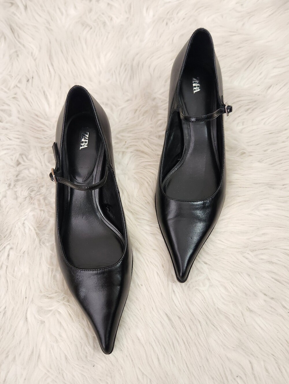 NEW Zara Black Leather Kitten Heel Maryjanes 38/7.5